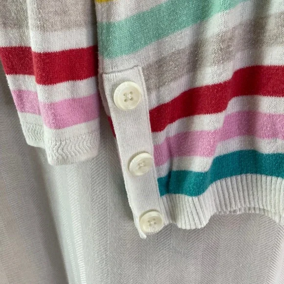Talbots Striped V Neck Sweater Colorful‎ Button Sleeve Womens Medium lightweight - Picture 4 of 5